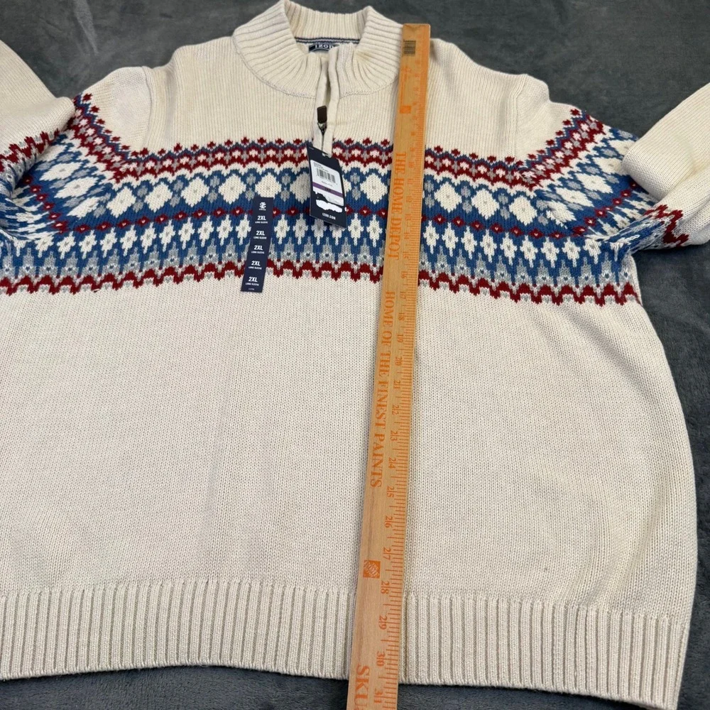 IZOD Fair Isle Quarter Zip Sweater Mens 2XB Big Cream Knit Holiday NWT